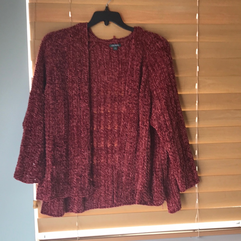 Cranberry red, velvet cable knit sweater.